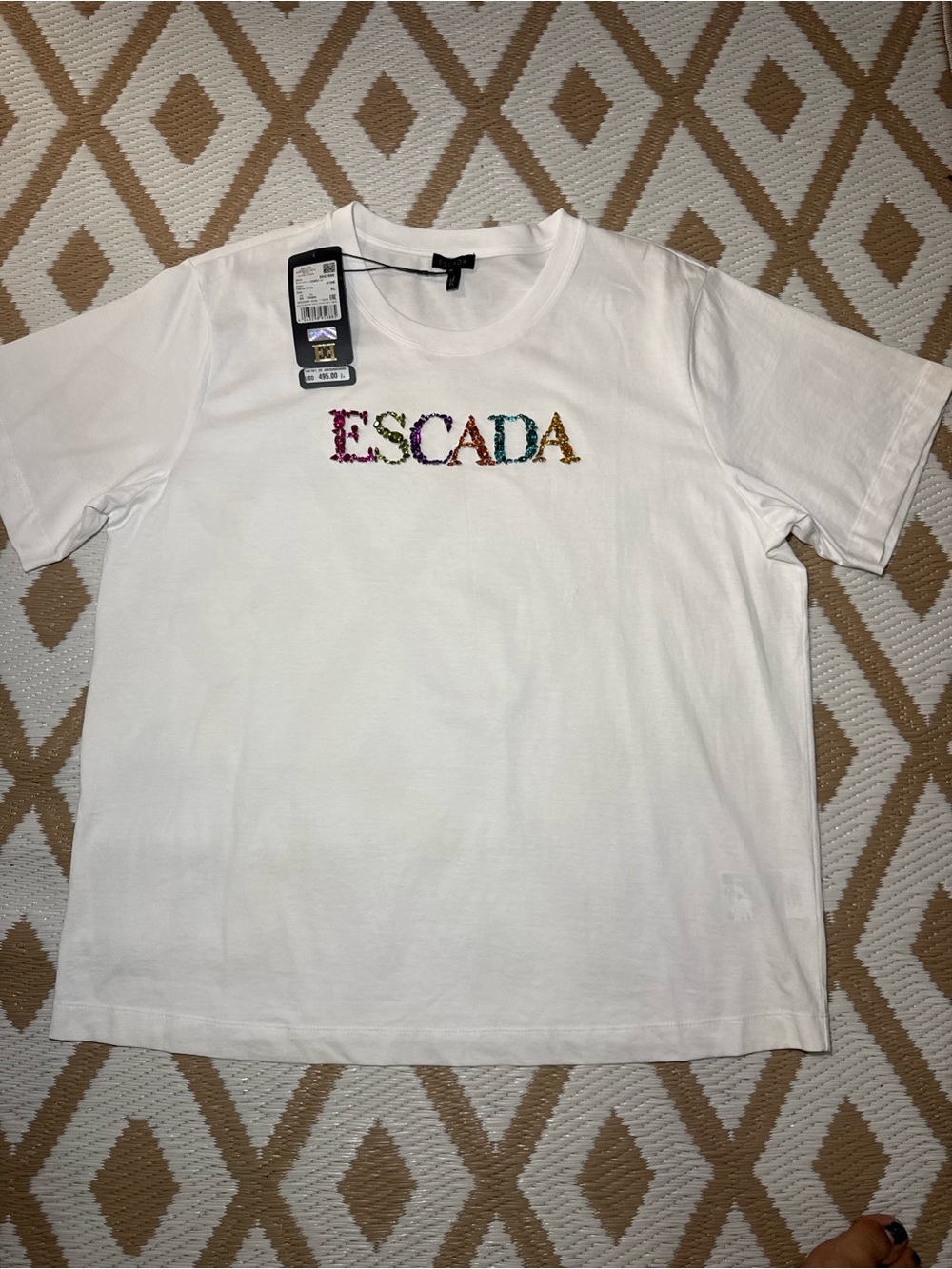 ESCADA White Logo Beaded Sequin Tee
Crew Neck Short Sleeve XL